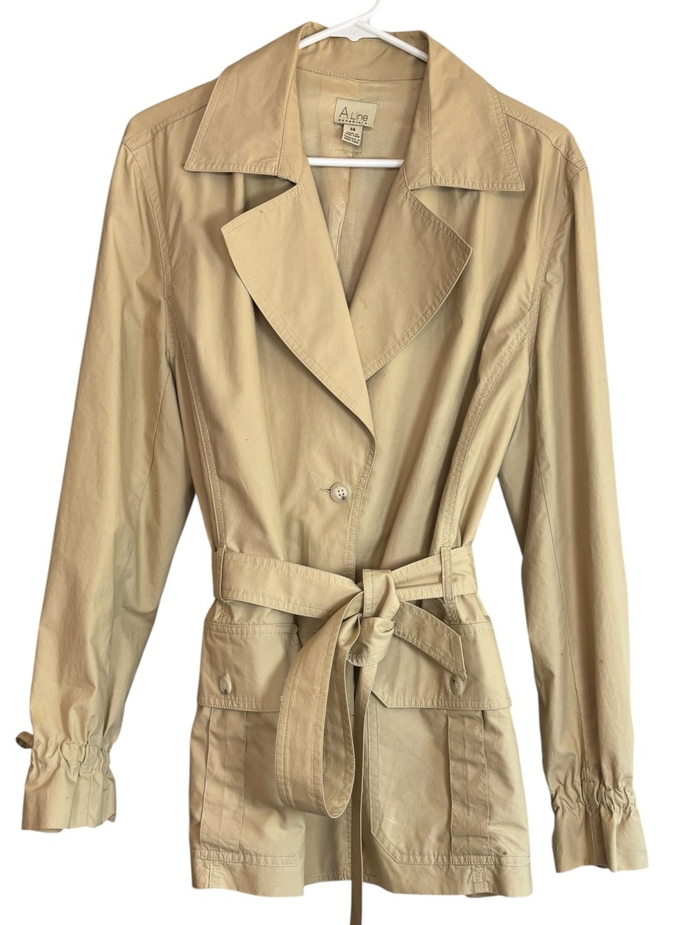 Anne Klein A Line Beige Cotton Belted  Trench Coat Size 14